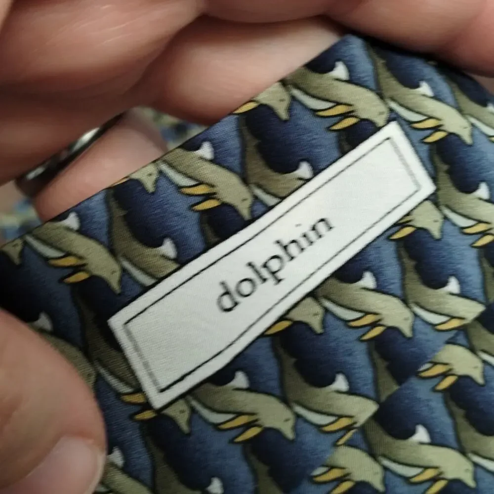 Ties To Nature Men's Imported Silk Dolphin Print Hand Sewn Blue & Gray Neck Tie